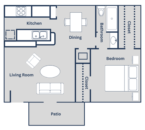 Floor plan for 1 bed, 1 bath, 581 sqft